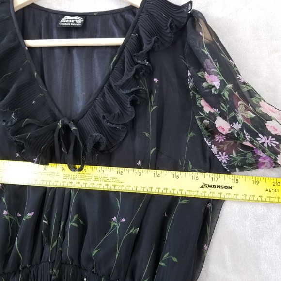 Vtg Maxi Dress Black Floral Chiffon Balloon Sleeve Pleated Y2K Fairy Goth Gown - Picture 8 of 16